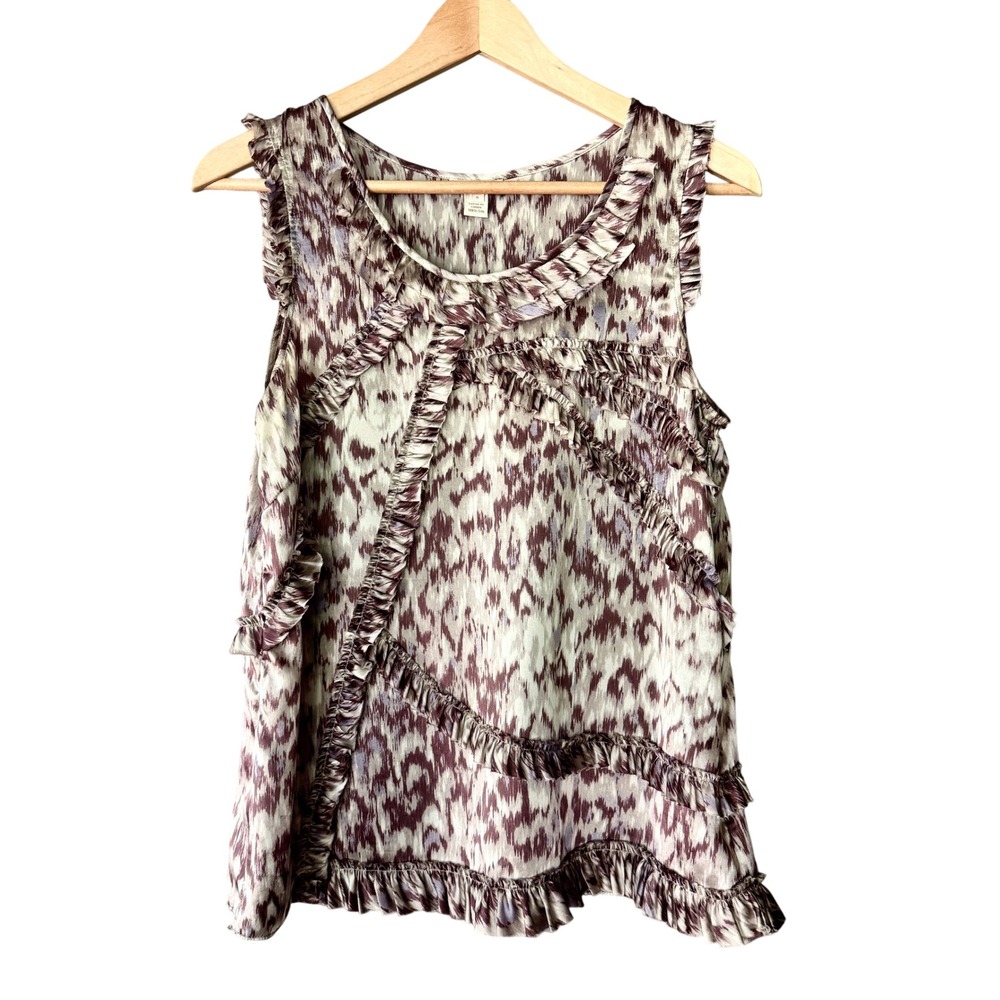 J Crew VTG Y2K Evie Silk Ikat Ruffle Sleeveless Blouse 6 Purple Event Romantic